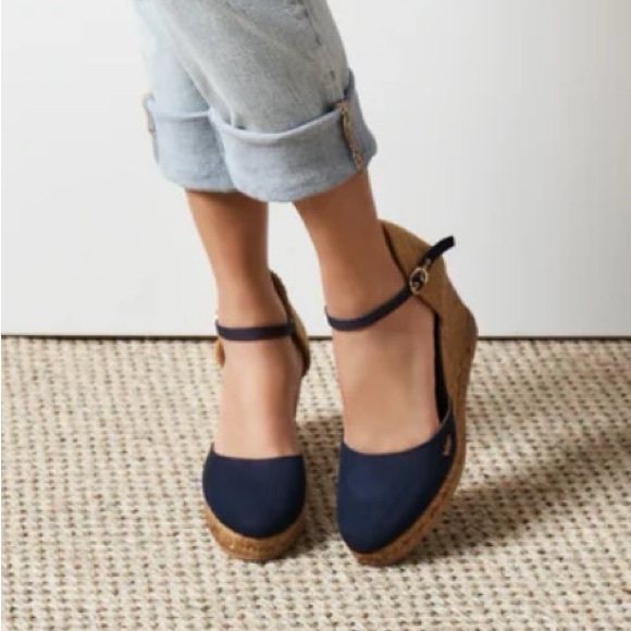 Viscata Espadrille 7.5 Navy/Tan Canvas Wedge Ankle Strap Closed Toe Nautical - Picture 1 of 9